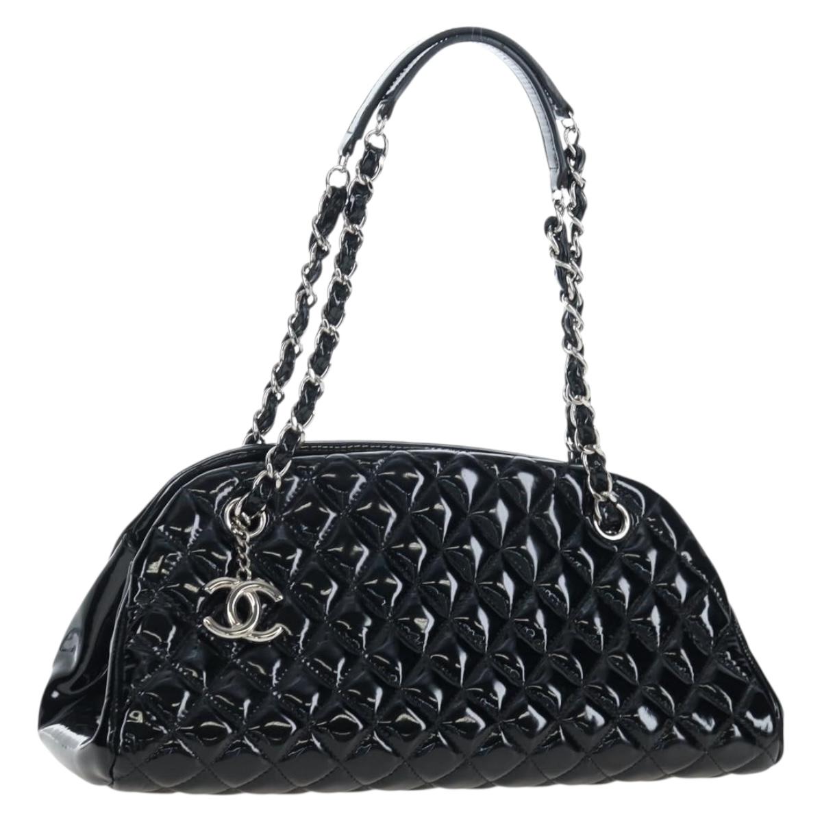 CHANEL Matelasse Mademoiselle Bowling Bag Patent Black Silver CC Auth yk20960V