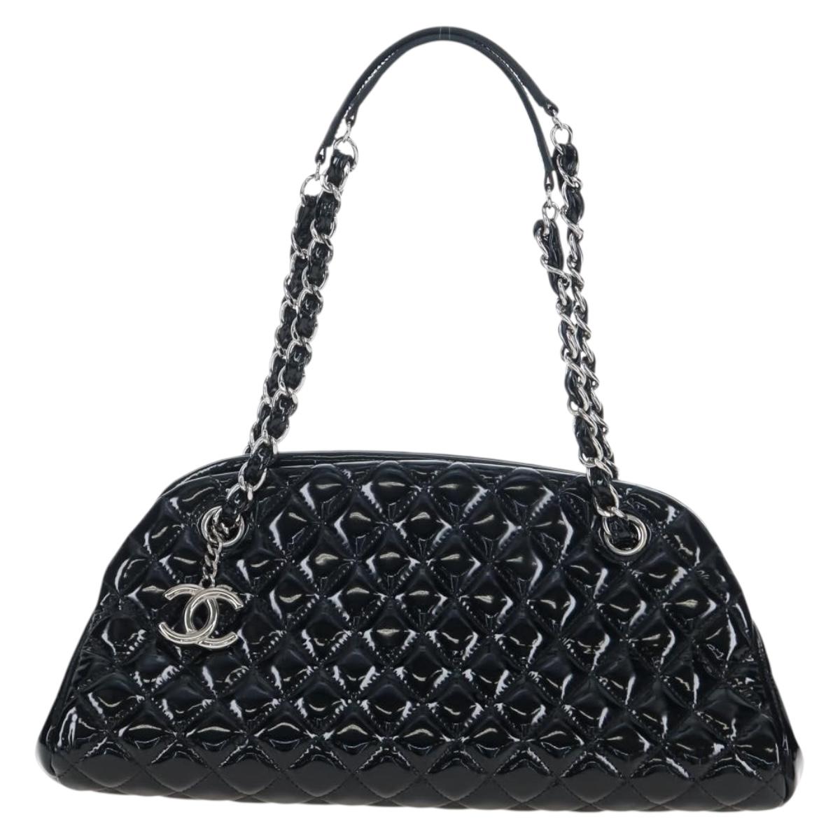 CHANEL Matelasse Mademoiselle Bowling Bag Patent Black Silver CC Auth yk20960V