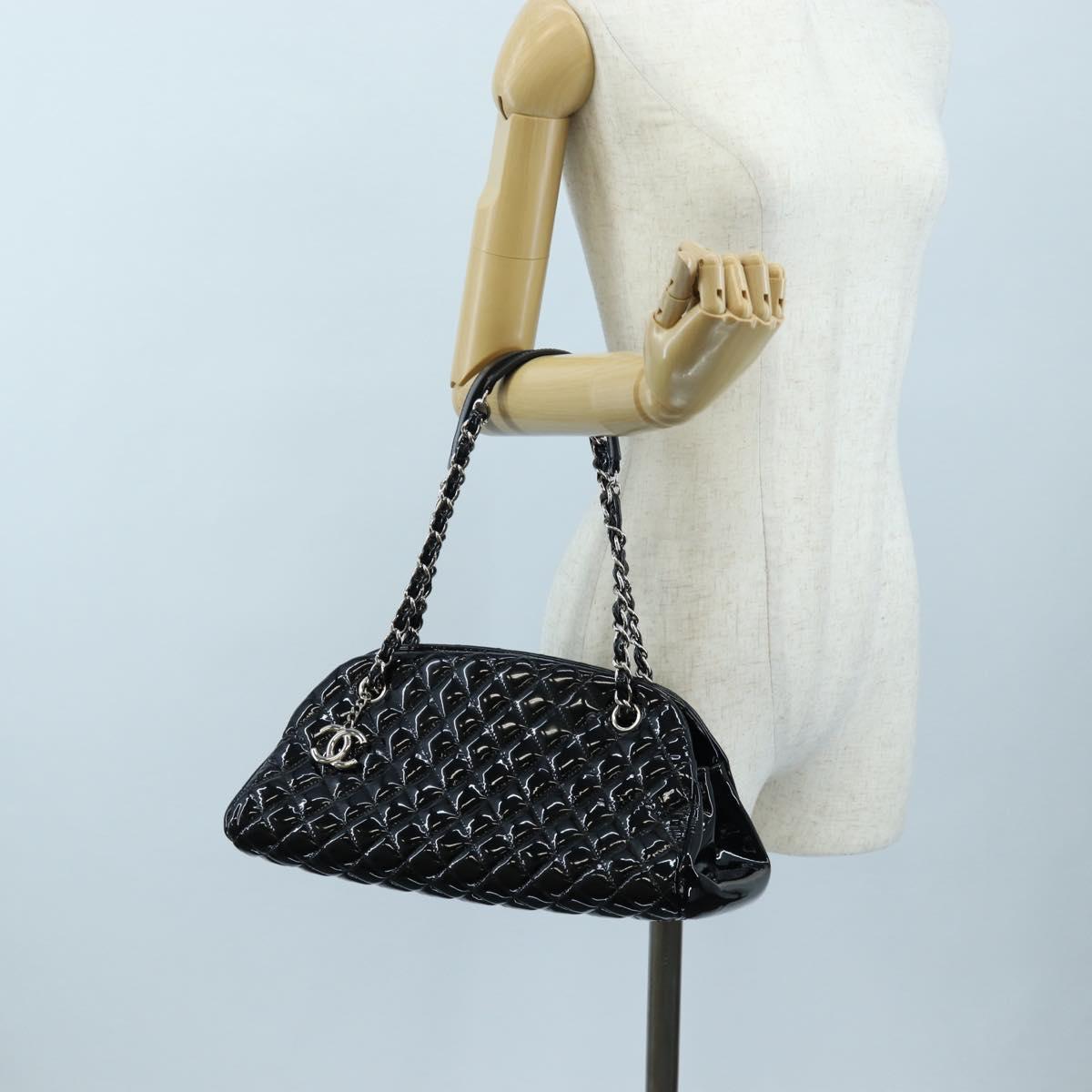 CHANEL Matelasse Mademoiselle Bowling Bag Patent Black Silver CC Auth yk20960V