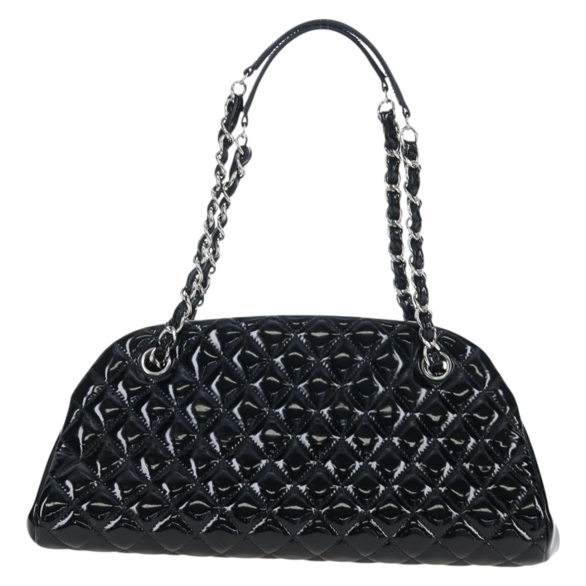 CHANEL Matelasse Mademoiselle Bowling Bag Patent Black Silver CC Auth yk20960V