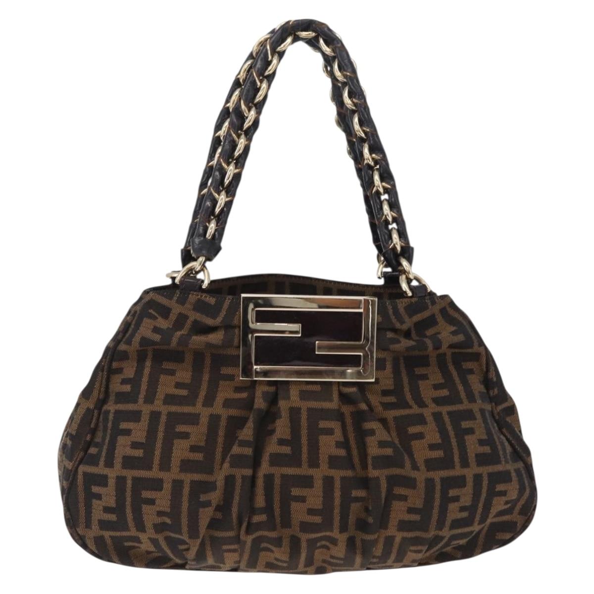 FENDI Zucca Canvas Chain Mia Hand Bag Black Brown Auth yk20978SAV