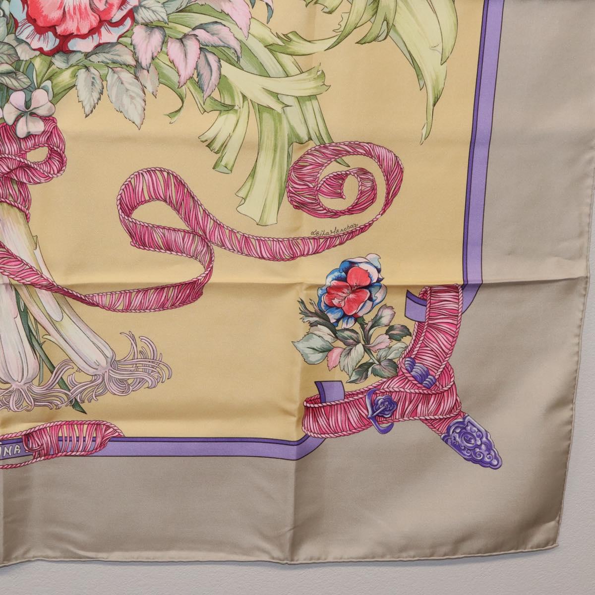 HERMES Carre 90 Scarf ""LES TAMBOURS"" Silk Yellow Auth yk21013M