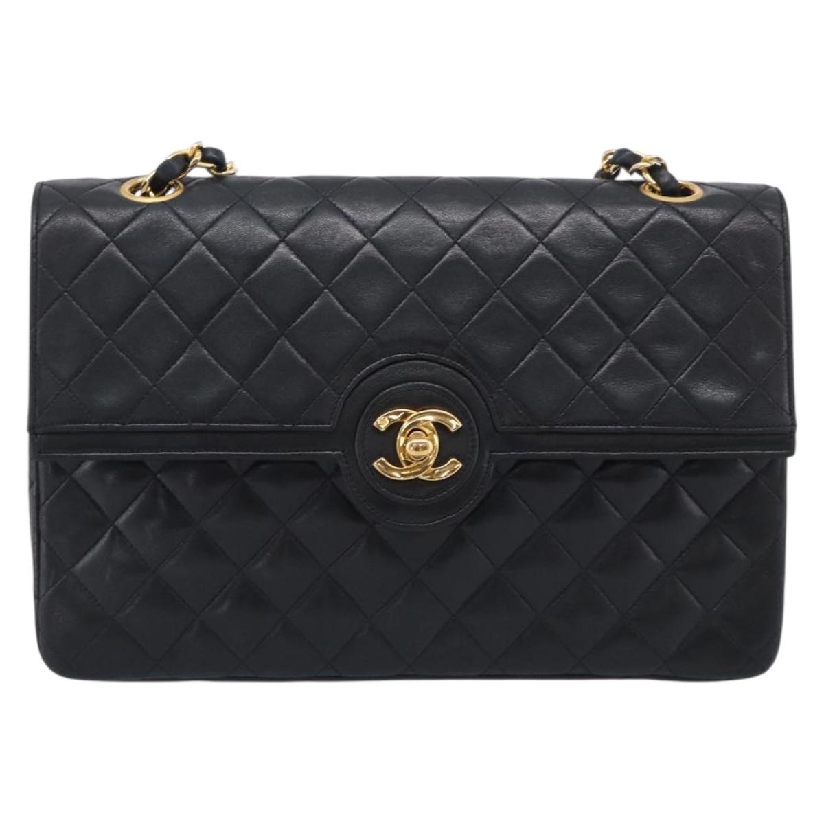 CHANEL Matelasse Chain Hand Bag Lamb Skin Black Gold Tone CC Auth yk21031M