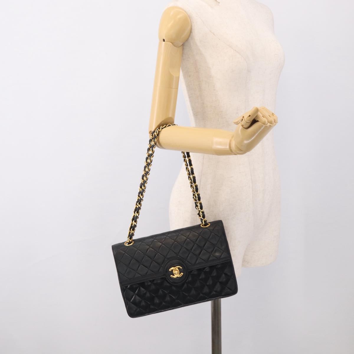 CHANEL Matelasse Chain Hand Bag Lamb Skin Black Gold Tone CC Auth yk21031M