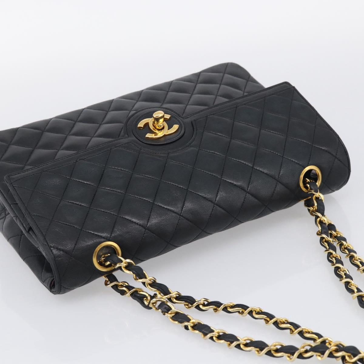 CHANEL Matelasse Chain Hand Bag Lamb Skin Black Gold Tone CC Auth yk21031M