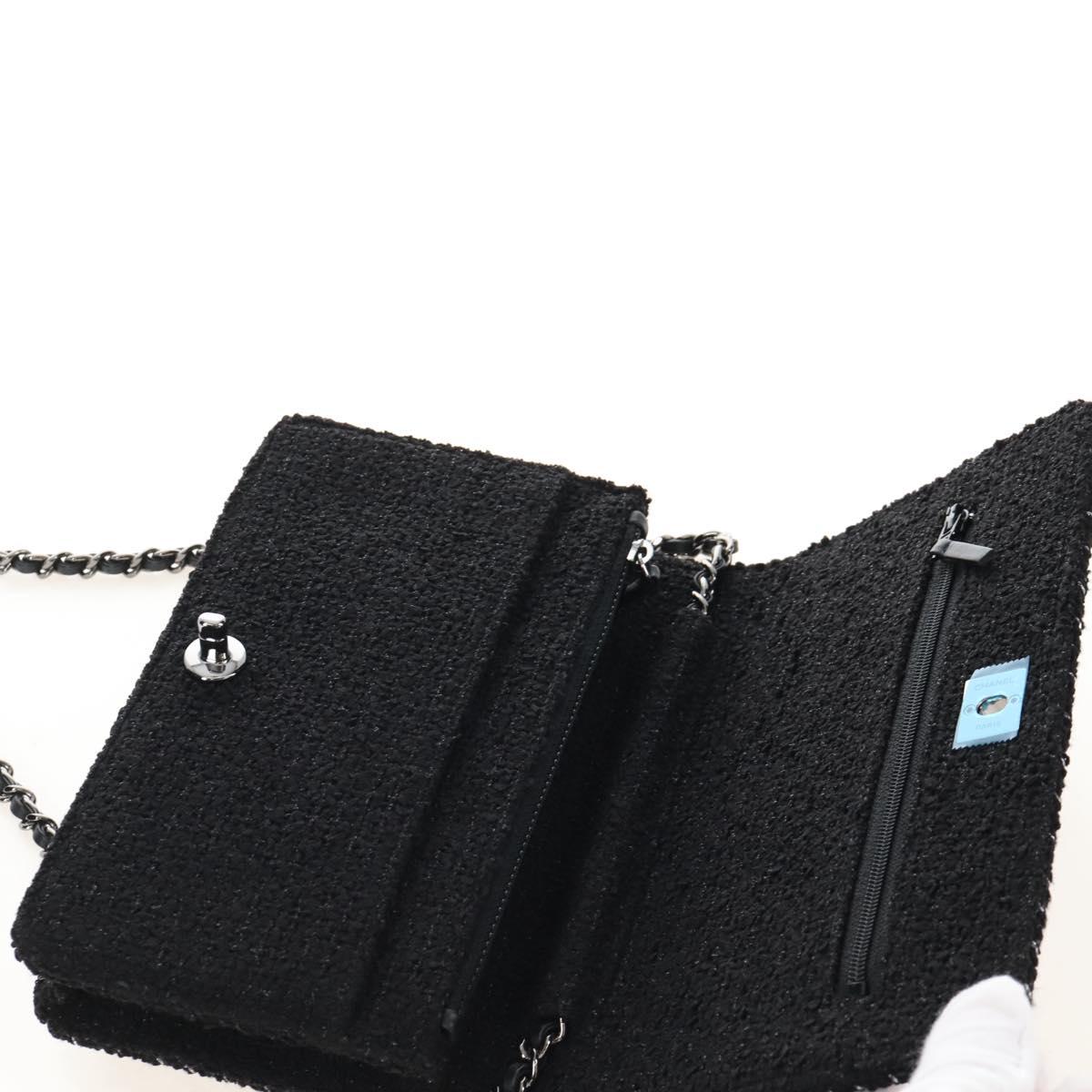 CHANEL Rhinestone Turn Lock Chain Bag Tweed Beads Black Silver CC Auth yk21033SM