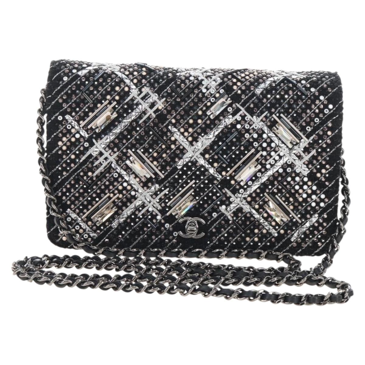 CHANEL Rhinestone Turn Lock Chain Bag Tweed Beads Black Silver CC Auth yk21033SM