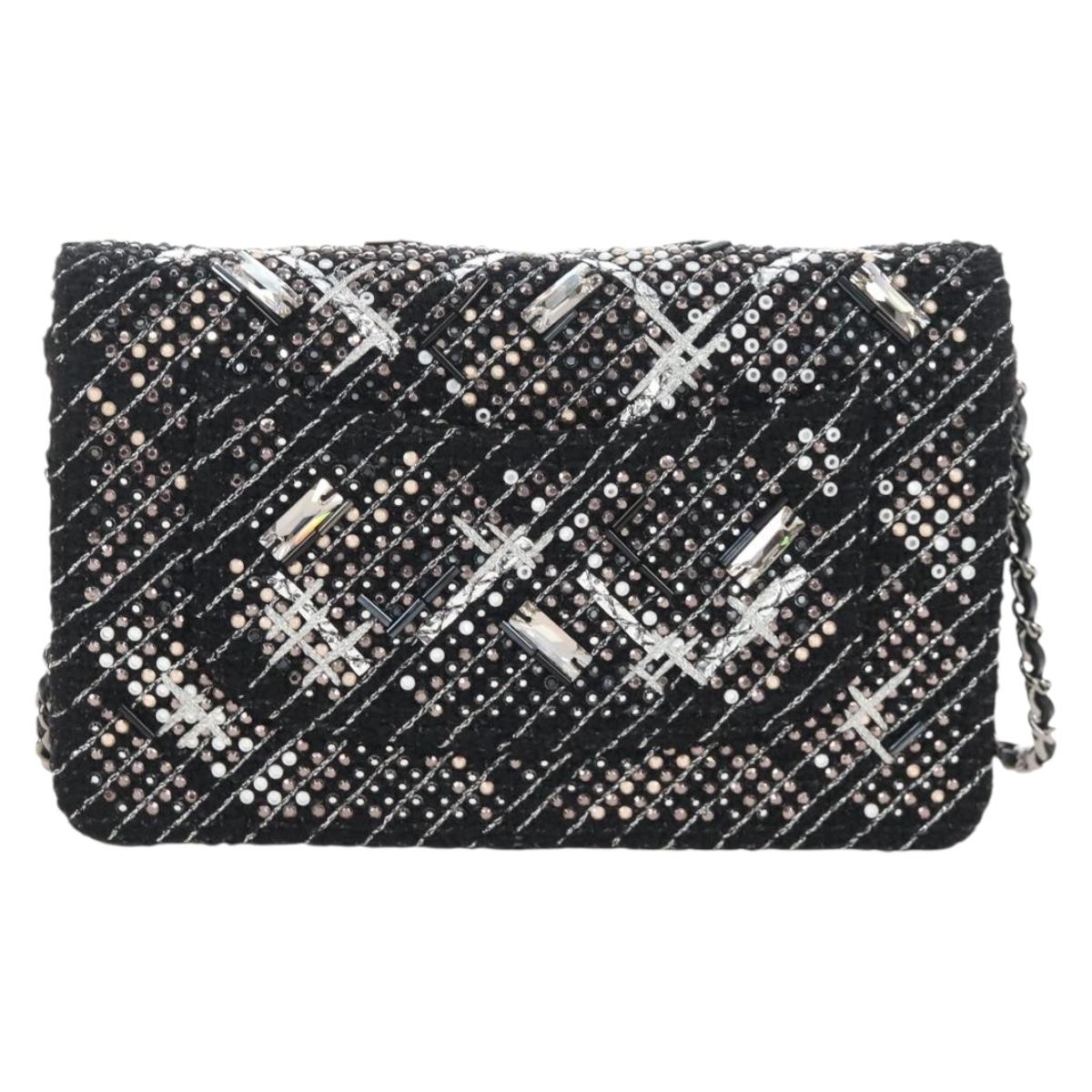 CHANEL Rhinestone Turn Lock Chain Bag Tweed Beads Black Silver CC Auth yk21033SM