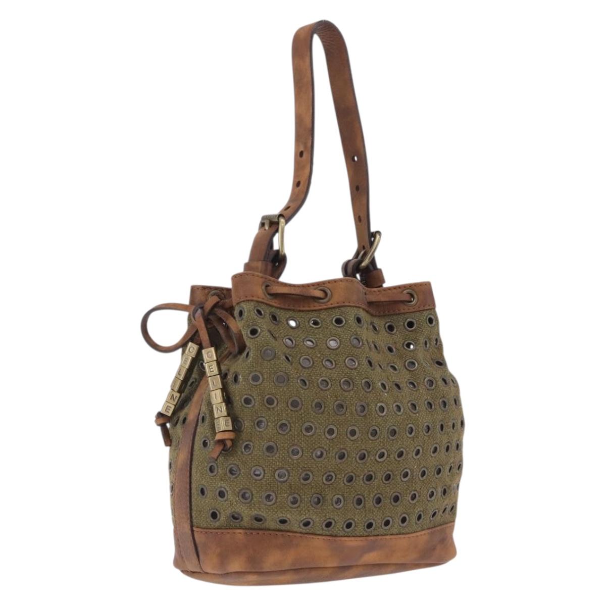 CELINE Punching Hand Bag Canvas Khaki Gold Auth yk21039V