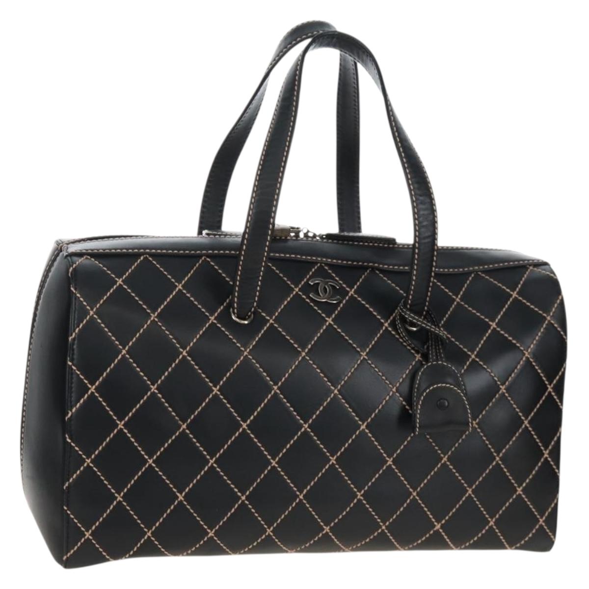 CHANEL Wild Stitch Boston Bag Leather Black Gold CC Auth yk21043SAM