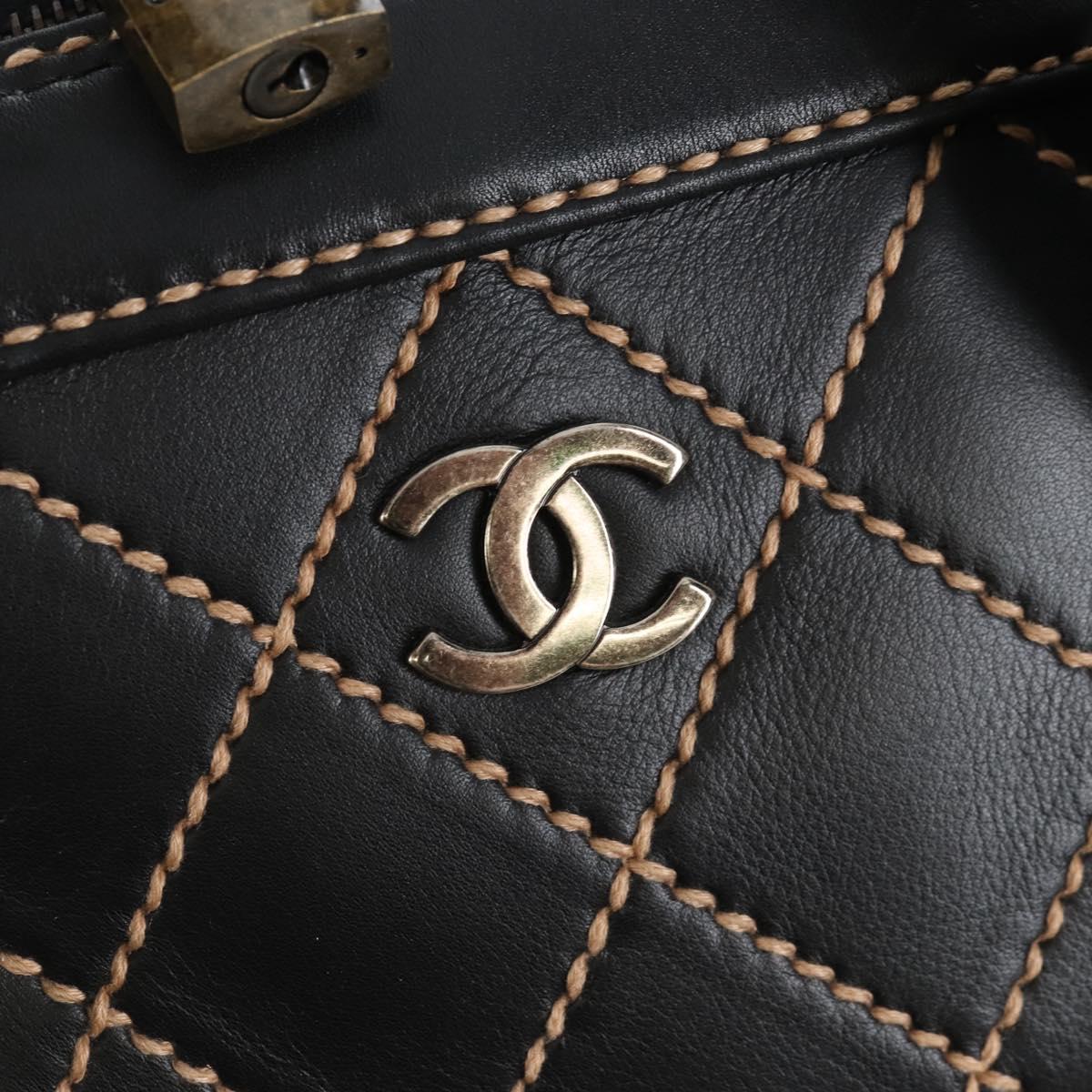 CHANEL Wild Stitch Boston Bag Leather Black Gold CC Auth yk21043SAM