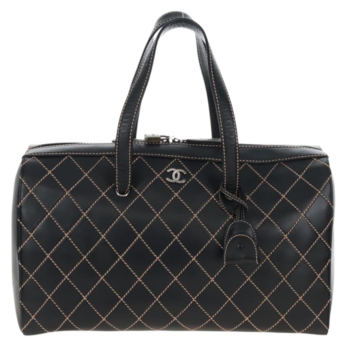 CHANEL Wild Stitch Boston Bag Leather Black Gold CC Auth yk21043SAM