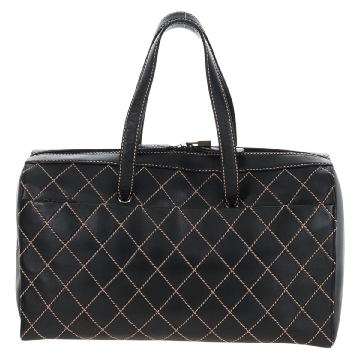 CHANEL Wild Stitch Boston Bag Leather Black Gold CC Auth yk21043SAM