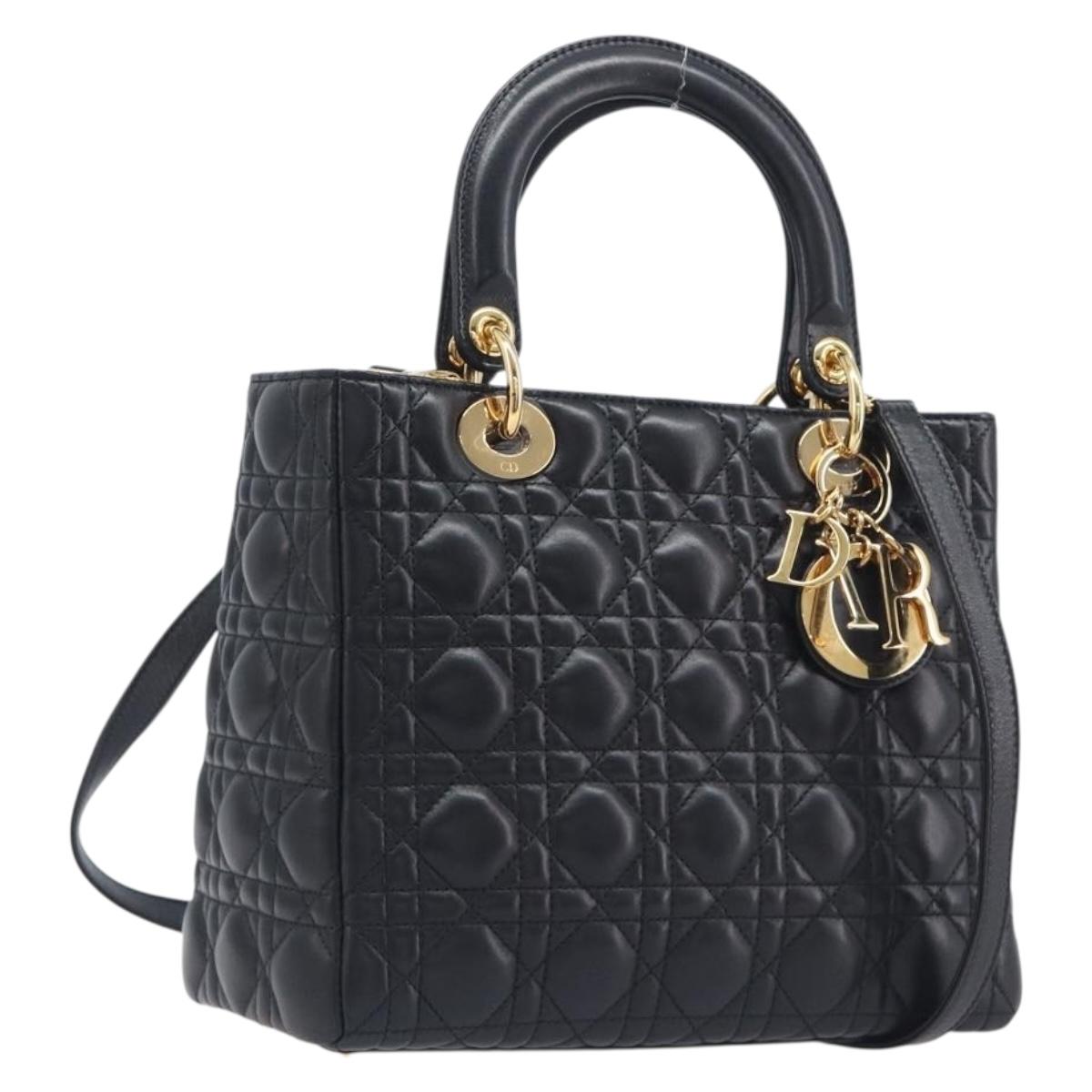 Christian Dior Canage Hand Bag Lamb Skin 2way Black Gold Auth yk21048SAM