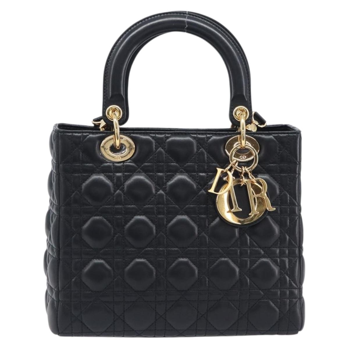 Christian Dior Canage Hand Bag Lamb Skin 2way Black Gold Auth yk21048SAM