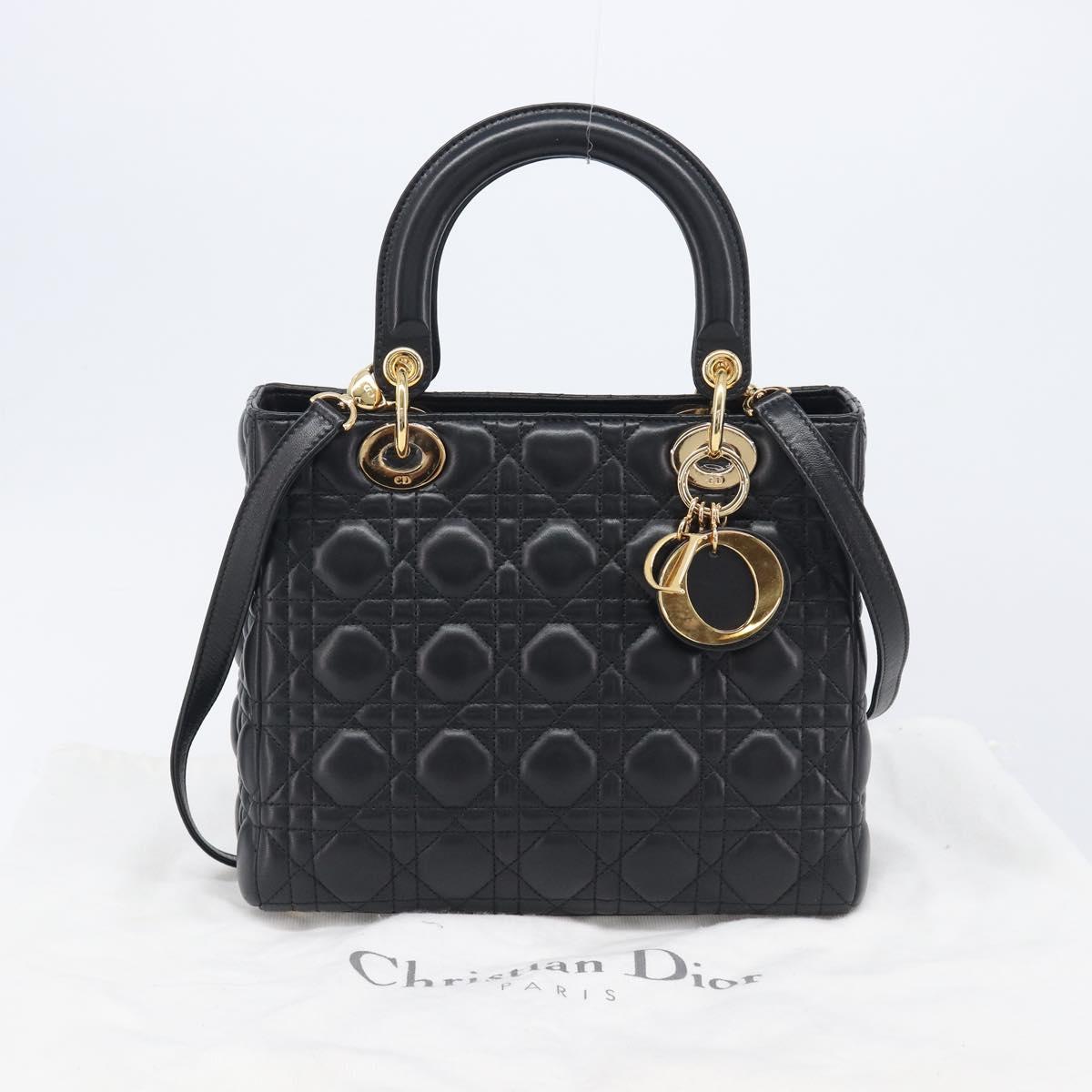 Christian Dior Canage Hand Bag Lamb Skin 2way Black Gold Auth yk21048SAM
