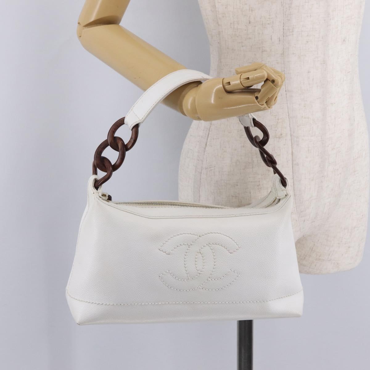 CHANEL COCO Mark Shoulder Bag Caviar Skin White Gold CC Auth yk21052V