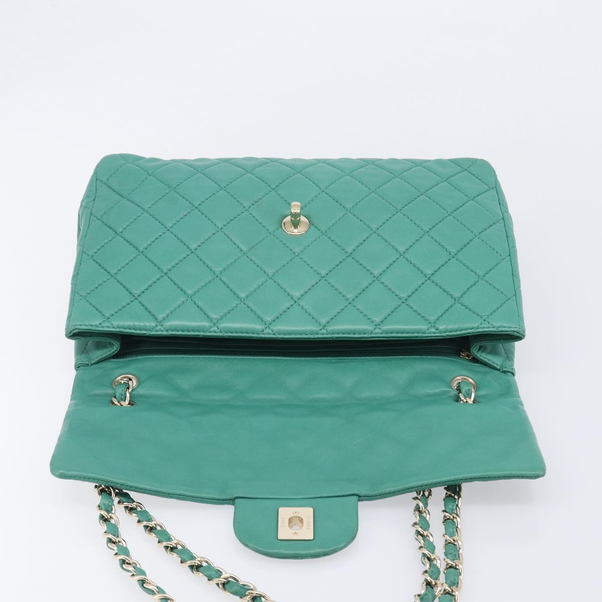 CHANEL Matelasse 34 Maxi Chain Bag Lamb Skin Green Silver CC Auth yk21053SAM