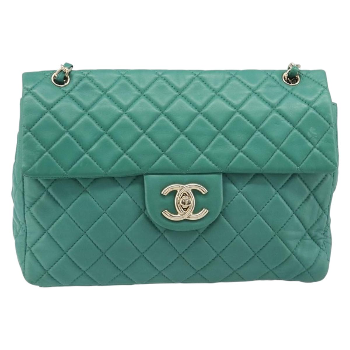 CHANEL Matelasse 34 Maxi Chain Bag Lamb Skin Green Silver CC Auth yk21053SAM