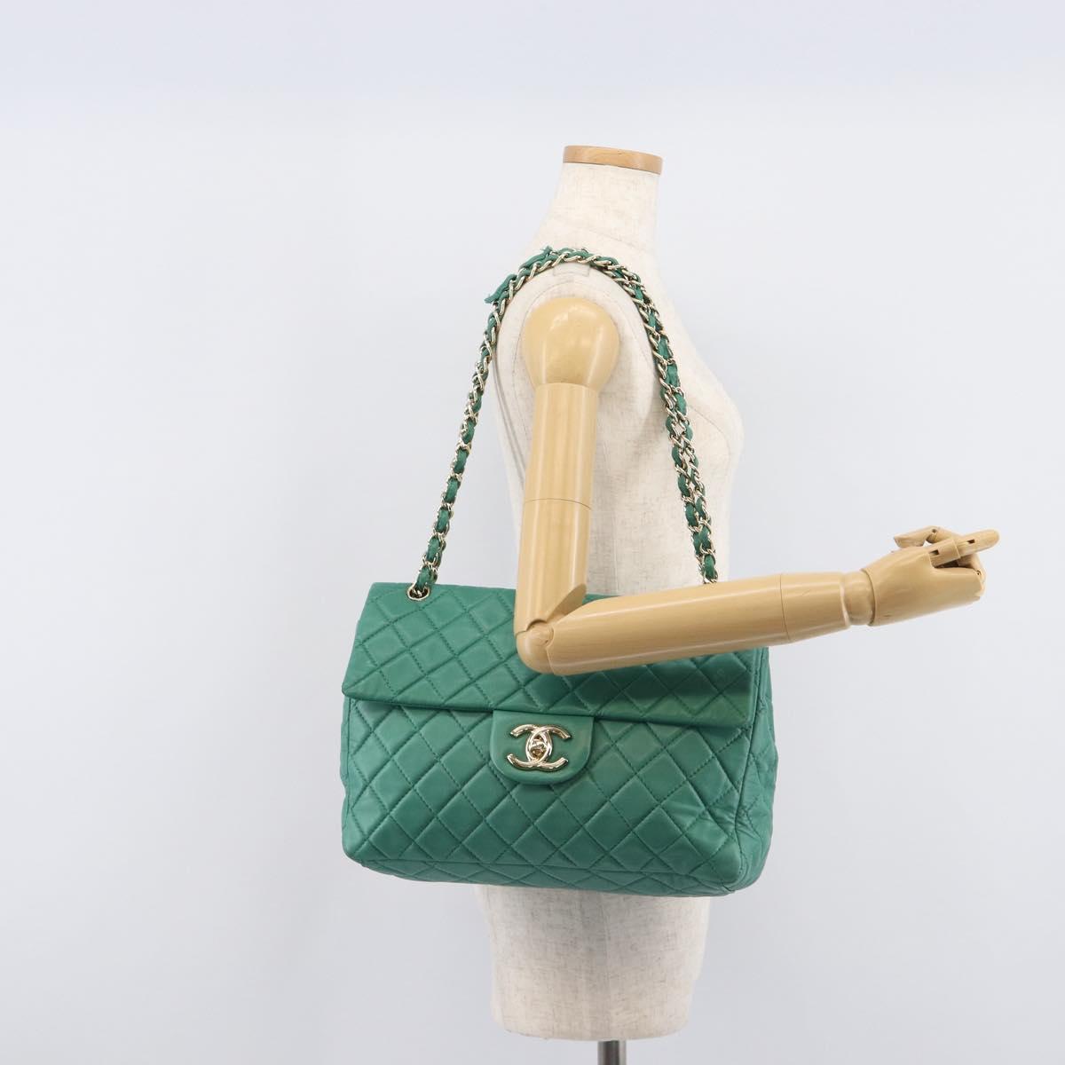 CHANEL Matelasse 34 Maxi Chain Bag Lamb Skin Green Silver CC Auth yk21053SAM