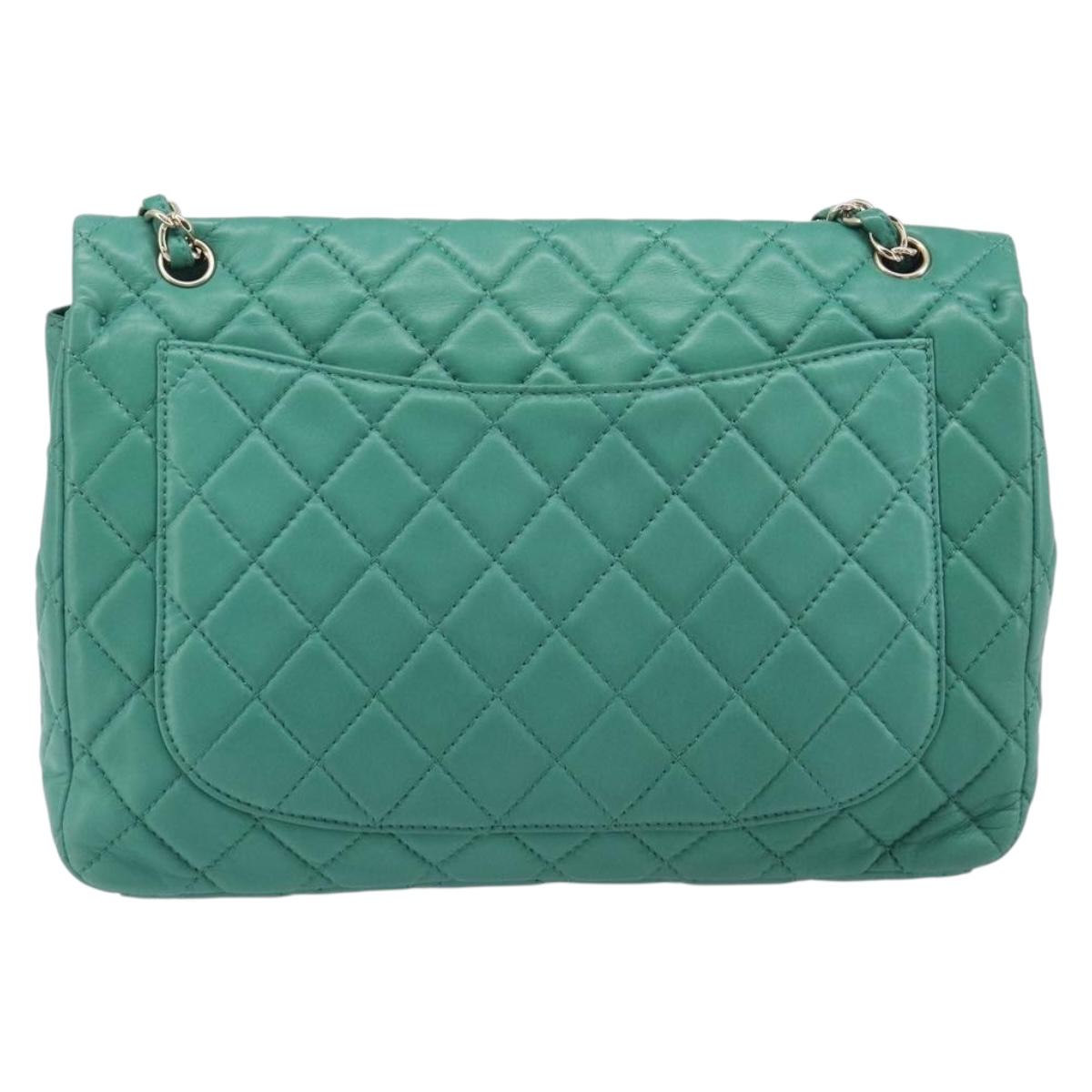 CHANEL Matelasse 34 Maxi Chain Bag Lamb Skin Green Silver CC Auth yk21053SAM