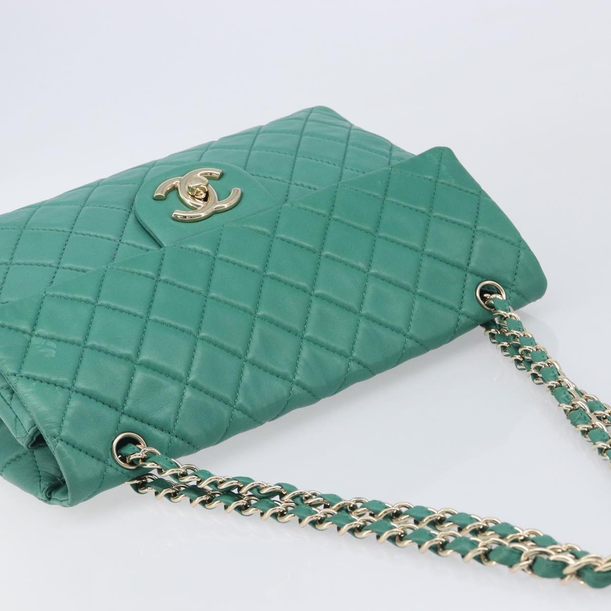 CHANEL Matelasse 34 Maxi Chain Bag Lamb Skin Green Silver CC Auth yk21053SAM