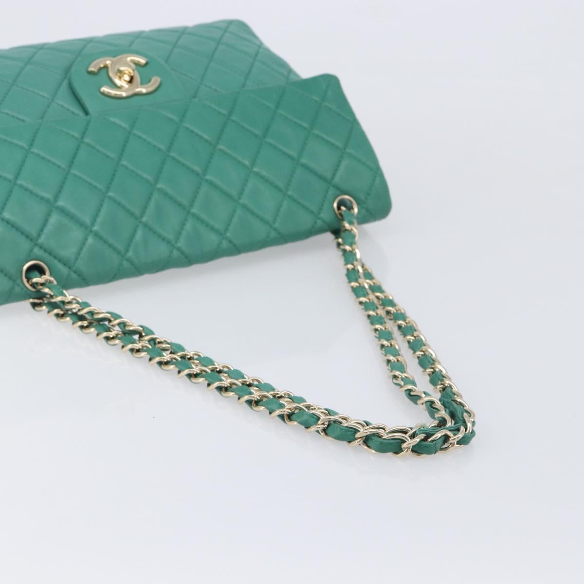 CHANEL Matelasse 34 Maxi Chain Bag Lamb Skin Green Silver CC Auth yk21053SAM
