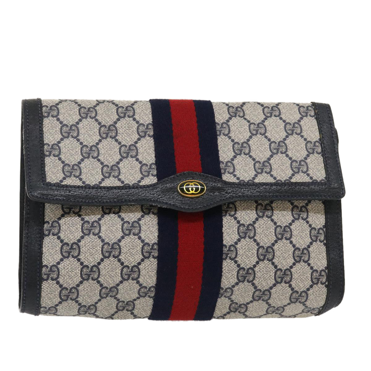 GUCCI GG Canvas Sherry Line Clutch Bag Navy Red Auth yk4501