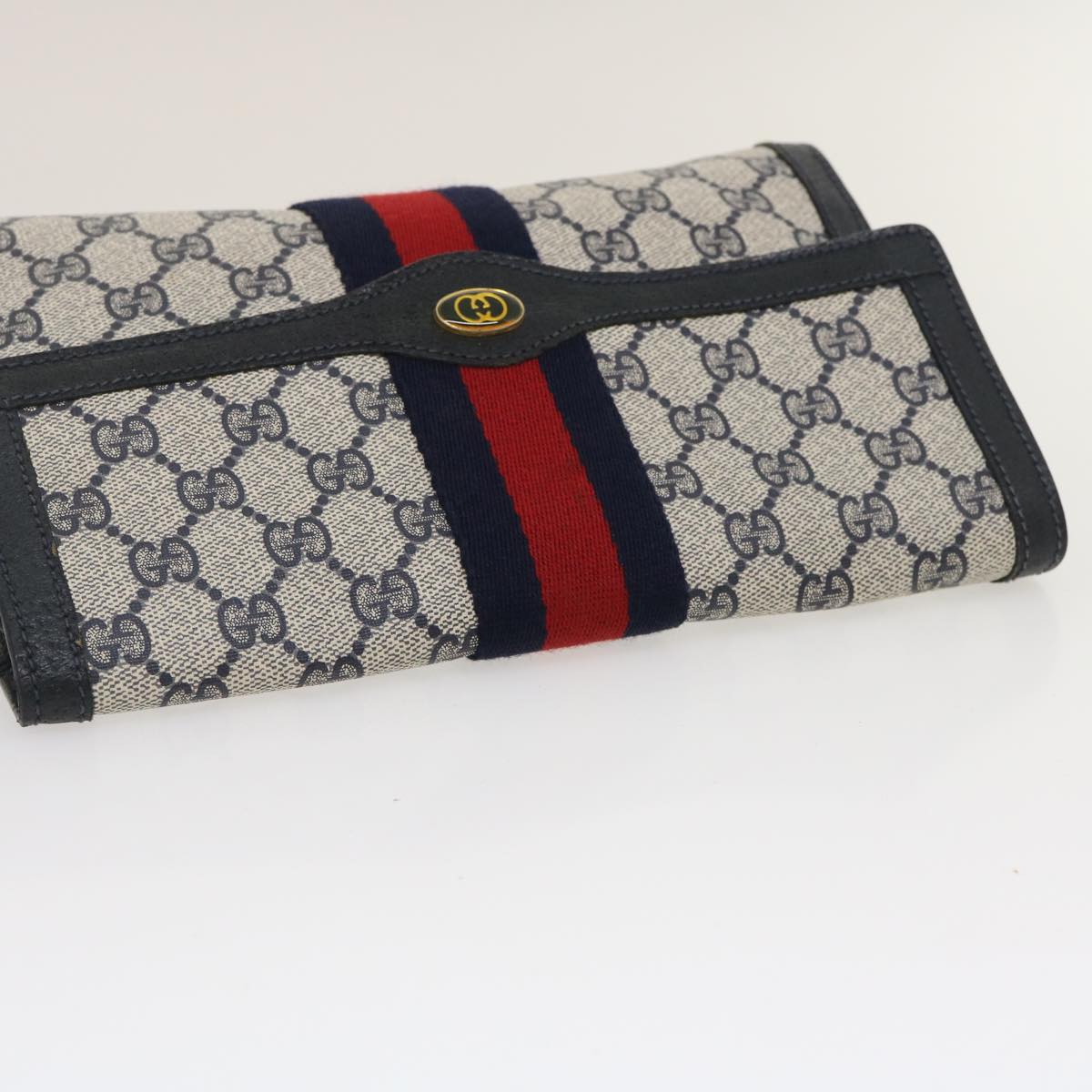 GUCCI GG Canvas Sherry Line Clutch Bag Navy Red Auth yk4501