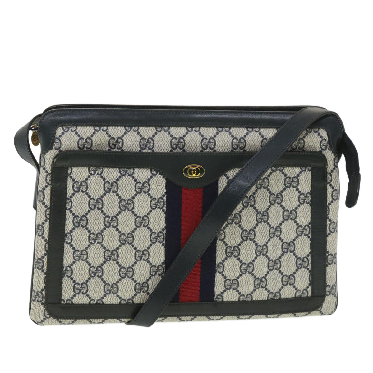 GUCCI GG Canvas Sherry Line Shoulder Bag PVC Leather Gray Red Navy Auth yk6173B