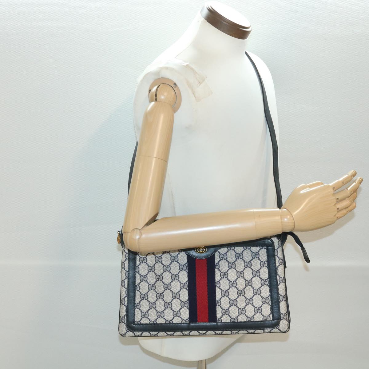 GUCCI GG Canvas Sherry Line Shoulder Bag PVC Leather Gray Red Navy Auth yk6173B