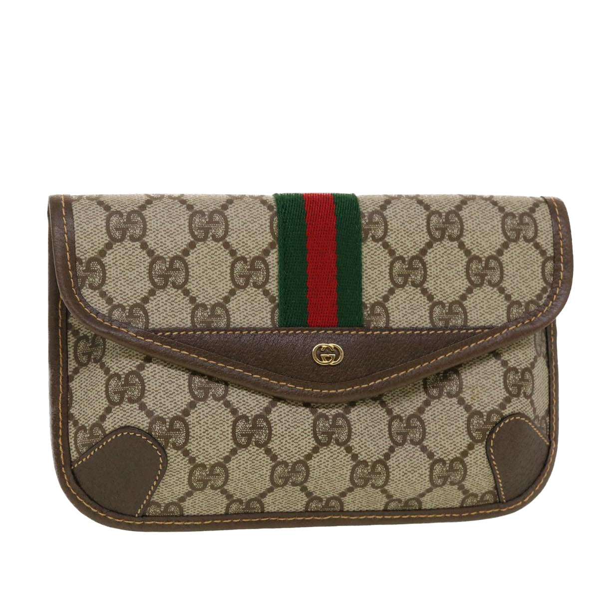 GUCCI GG Canvas Web Sherry Line Pouch PVC Leather Beige Red Green Auth yk7352