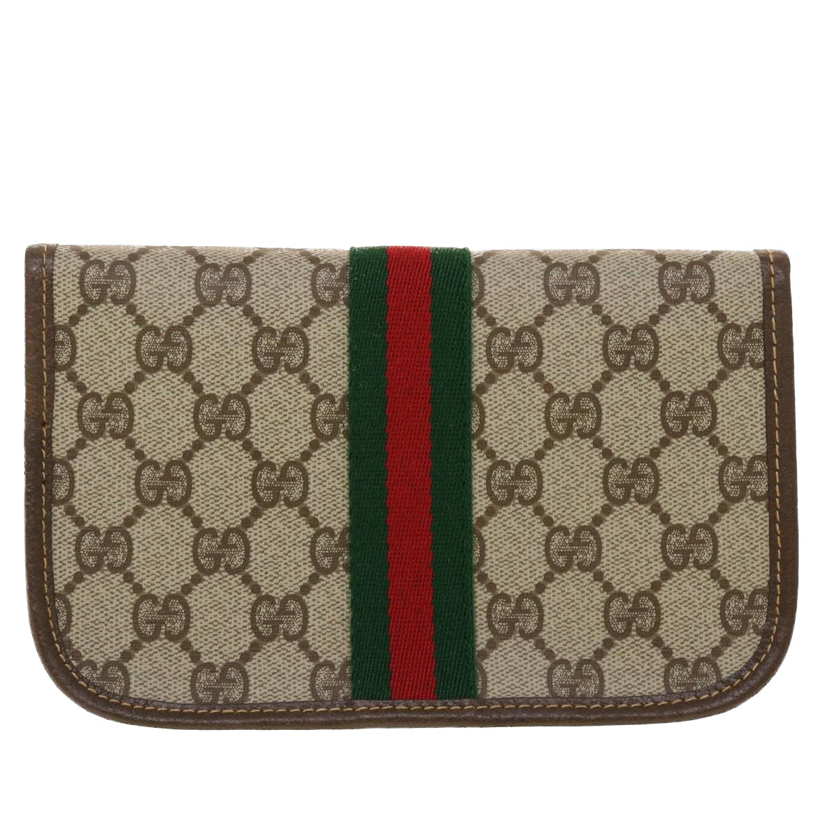 GUCCI GG Canvas Web Sherry Line Pouch PVC Leather Beige Red Green Auth yk7352