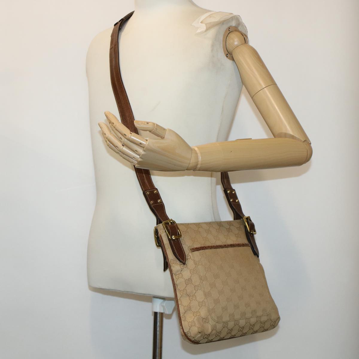 GUCCI GG Canvas Shoulder Bag Leather Beige 115514 Auth yk7361