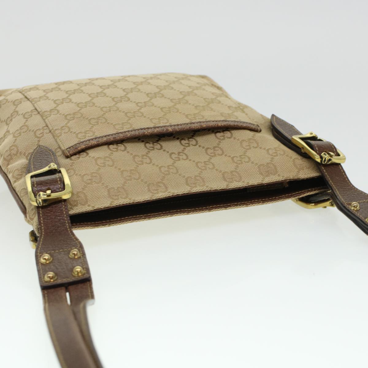 GUCCI GG Canvas Shoulder Bag Leather Beige 115514 Auth yk7361