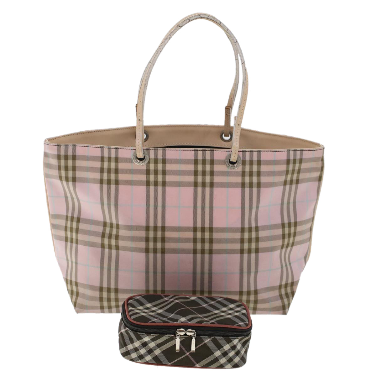 BURBERRY Nova Check Blue Label Pouch Hand Bag Nylon 2Set Pink Brown Auth yk7574B