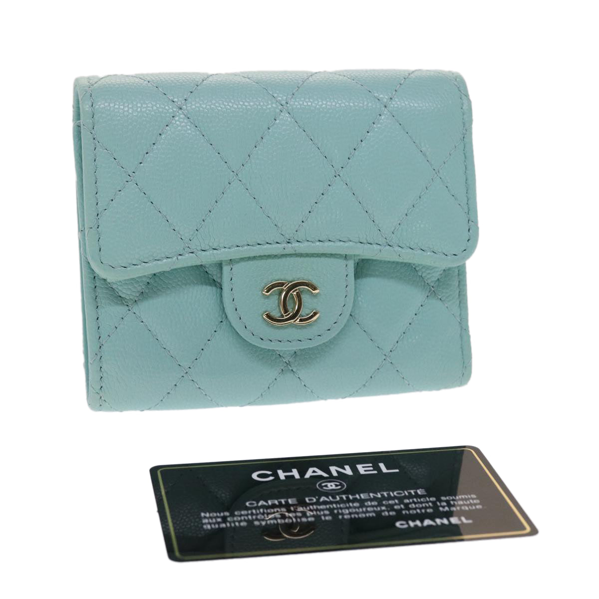 CHANEL Matelasse Wallet Caviar Skin Light Blue CC Auth yk7853