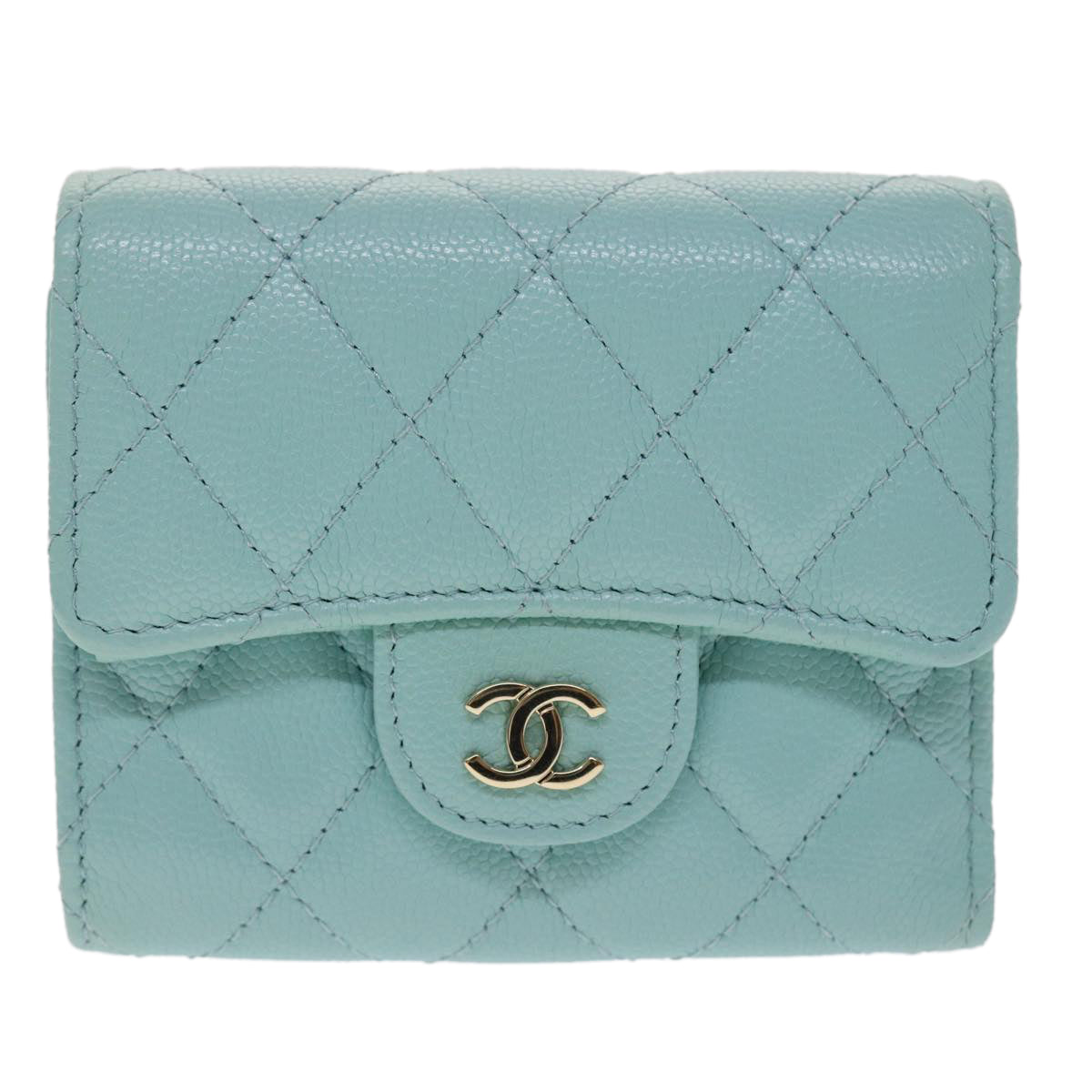 CHANEL Matelasse Wallet Caviar Skin Light Blue CC Auth yk7853