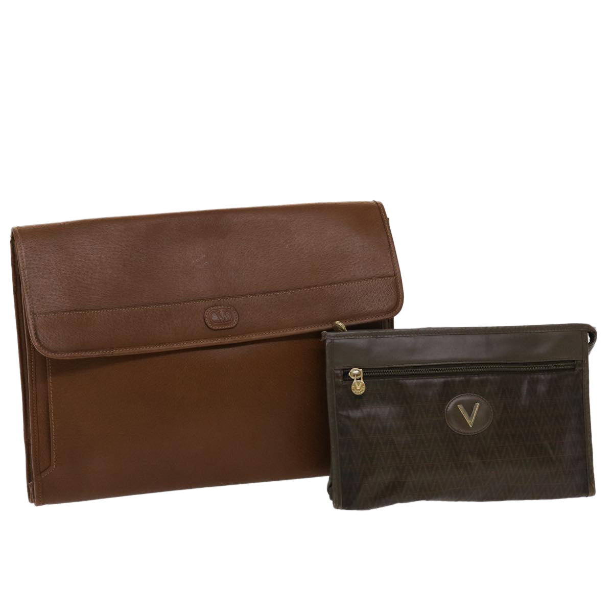 VALENTINO Clutch Bag Leather 2Set Brown Auth yk7890B