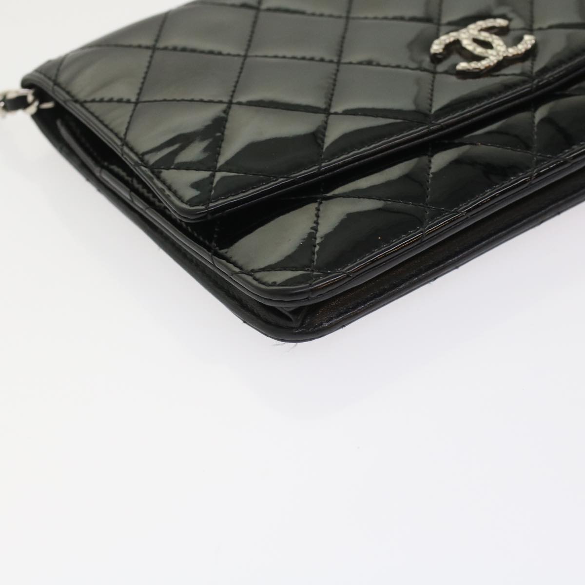 CHANEL Matelasse Brilliant Chain Wallet Patent Leather Black CC Auth yk7921