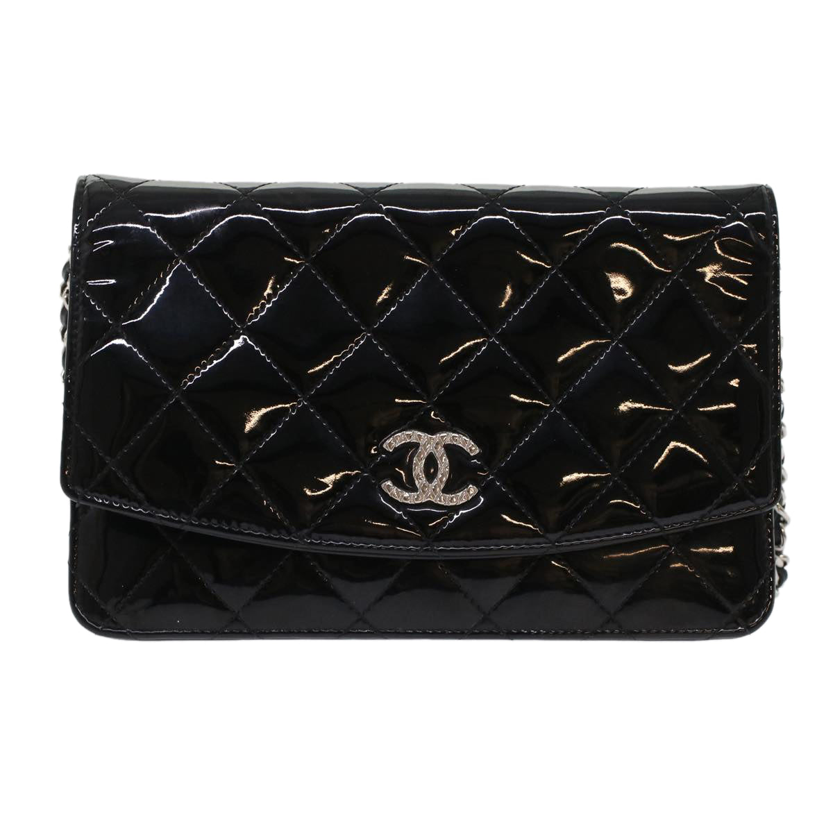 CHANEL Matelasse Brilliant Chain Wallet Patent Leather Black CC Auth yk7921