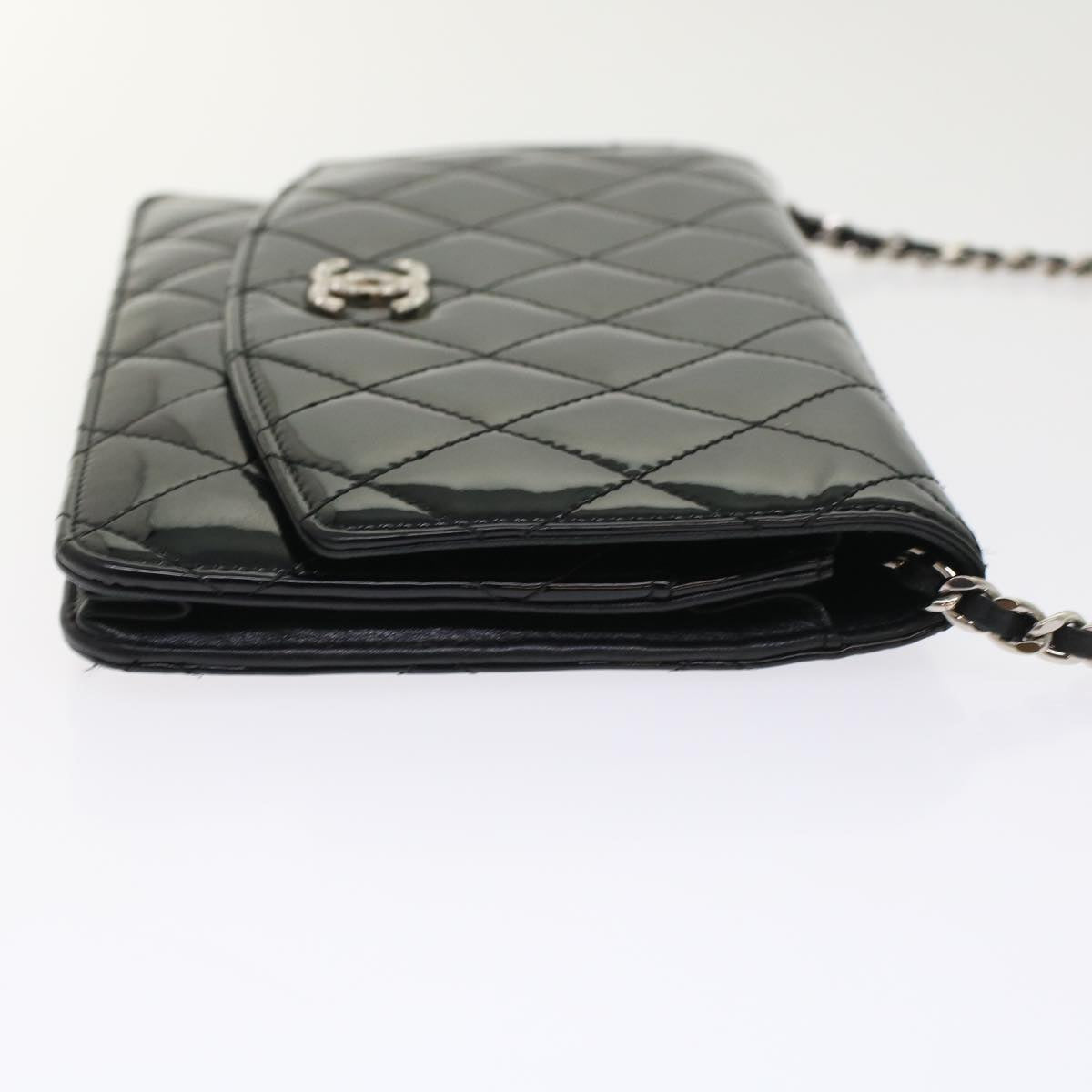 CHANEL Matelasse Brilliant Chain Wallet Patent Leather Black CC Auth yk7921