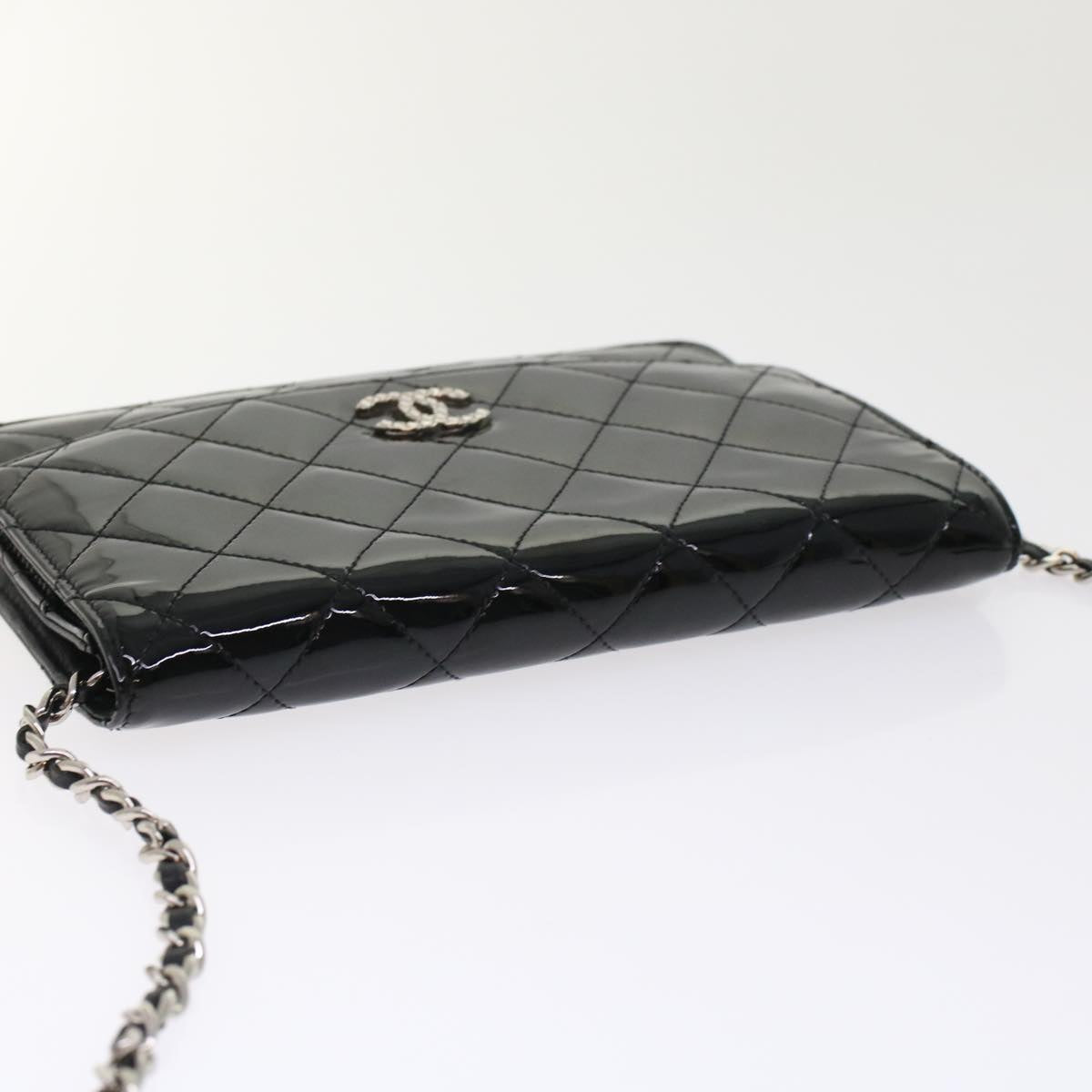 CHANEL Matelasse Brilliant Chain Wallet Patent Leather Black CC Auth yk7921