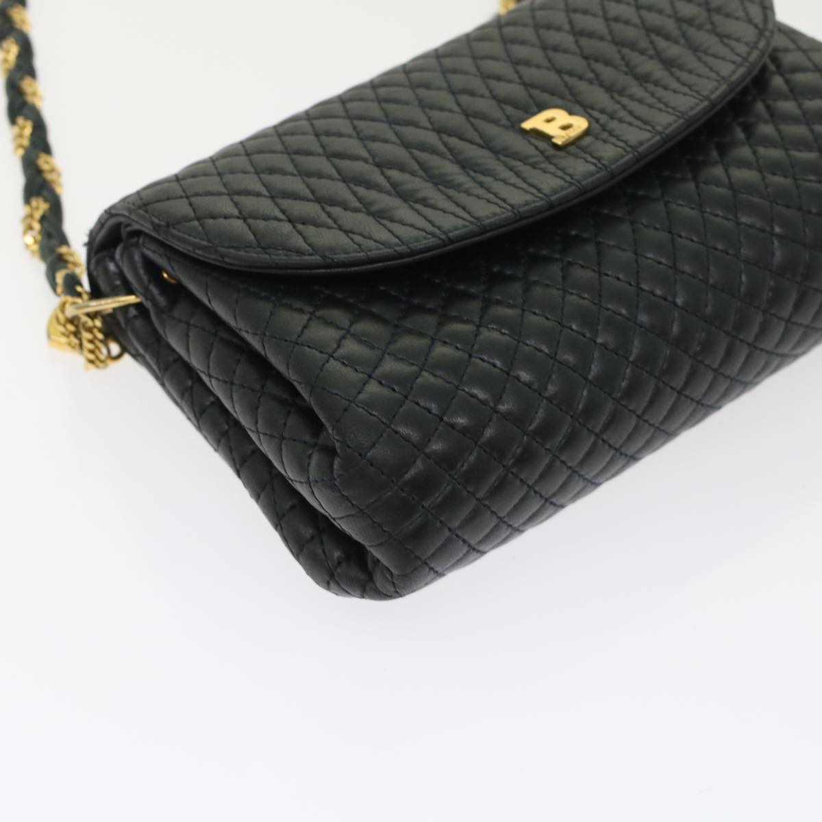 BALLY Quilted Chain Shoulder Bag Leather Navy Auth yk7929B