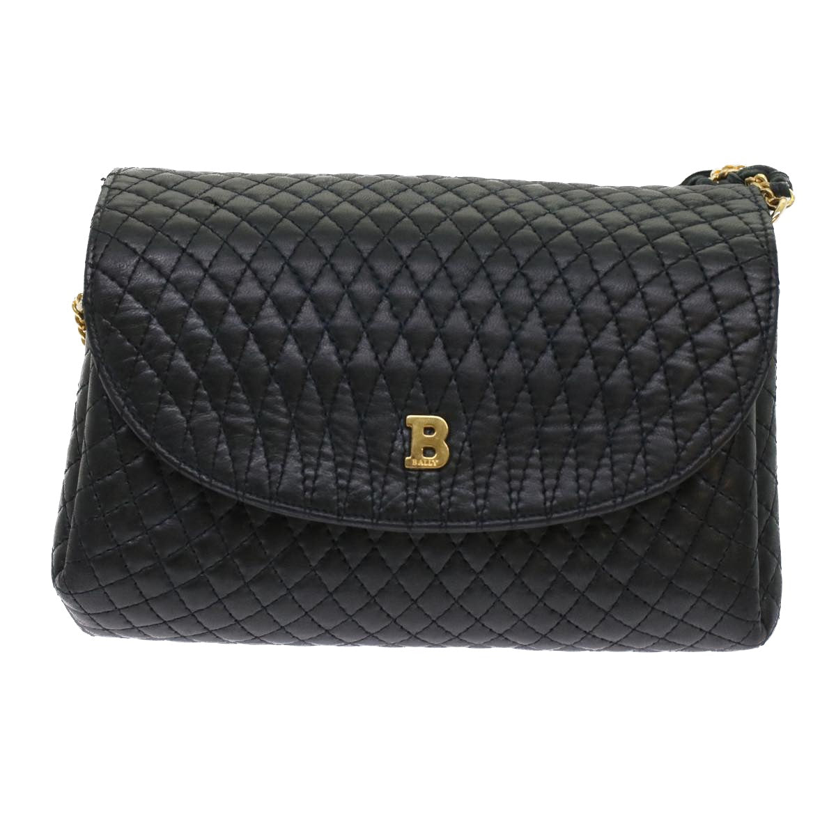 BALLY Quilted Chain Shoulder Bag Leather Navy Auth yk7929B