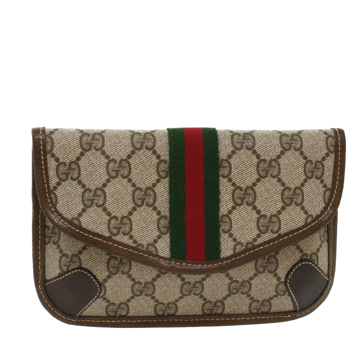 GUCCI GG Canvas Web Sherry Line Pouch PVC Leather Beige Red Green Auth yk7986