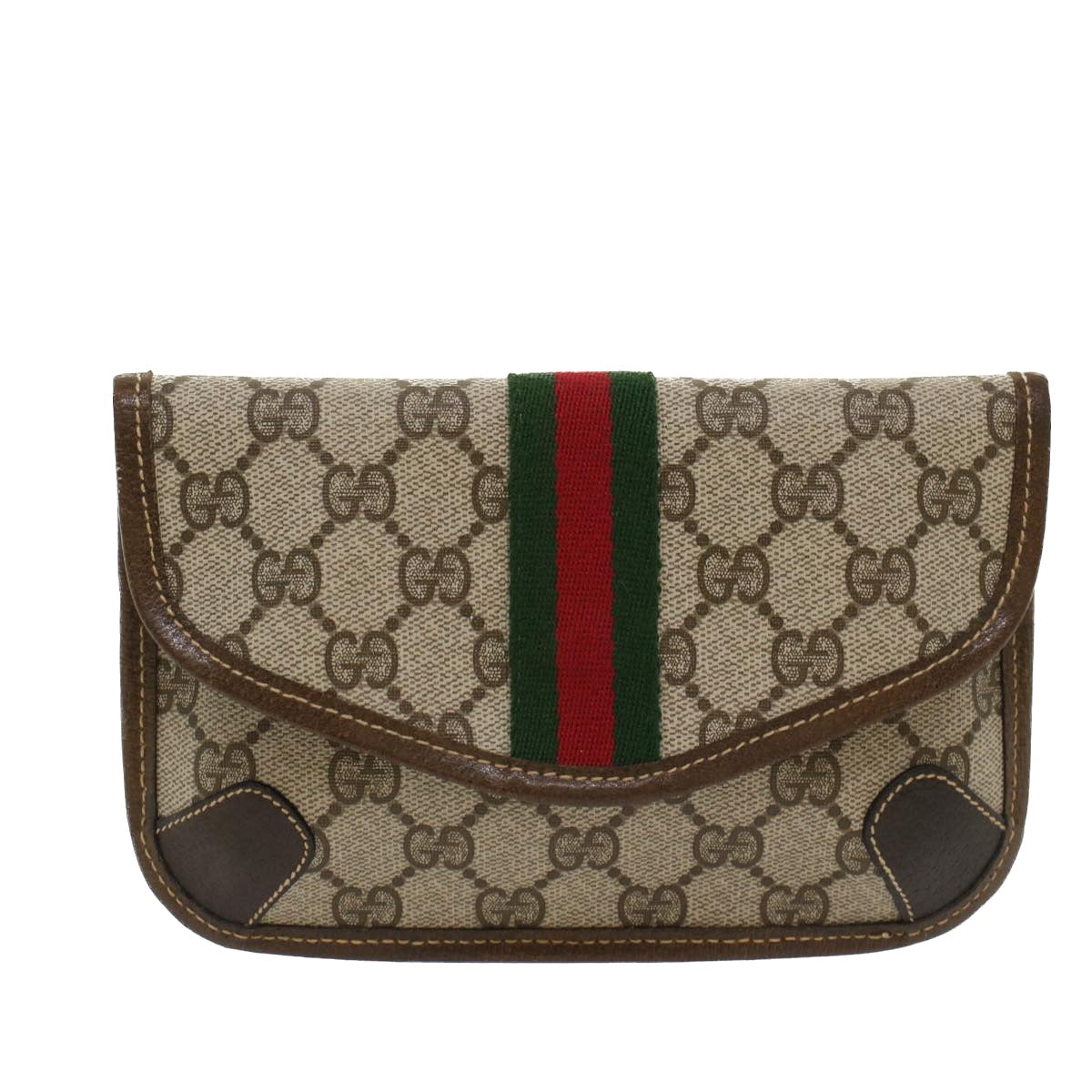 GUCCI GG Canvas Web Sherry Line Pouch PVC Leather Beige Red Green Auth yk7986