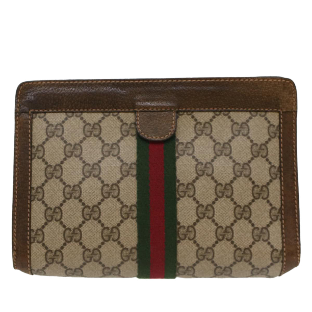 GUCCI GG Canvas Web Sherry Line Clutch Bag Beige Red 37.014.2125 Auth yk8078