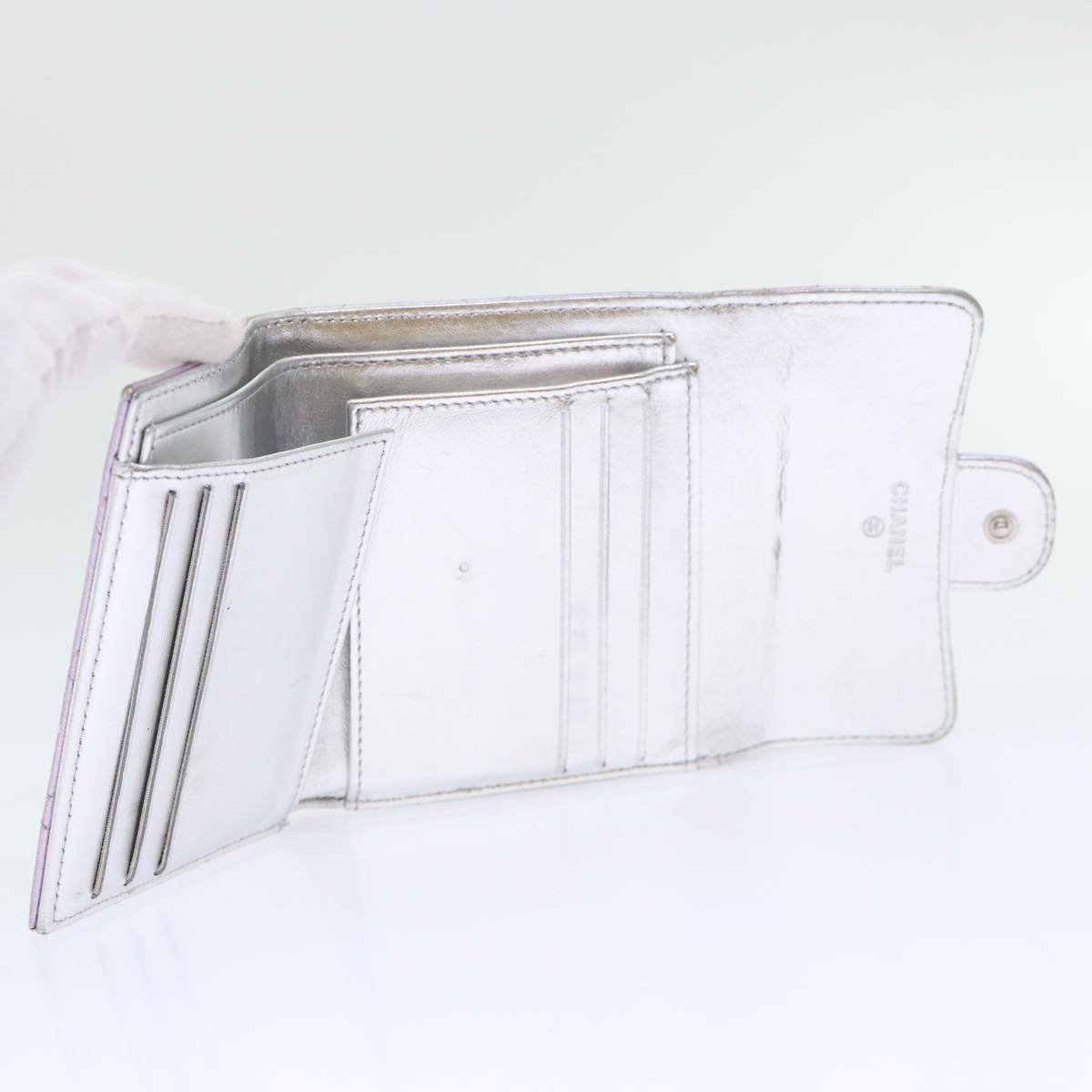 CHANEL Matelasse Gradation Wallet Lamb Skin Silver CC Auth yk8212