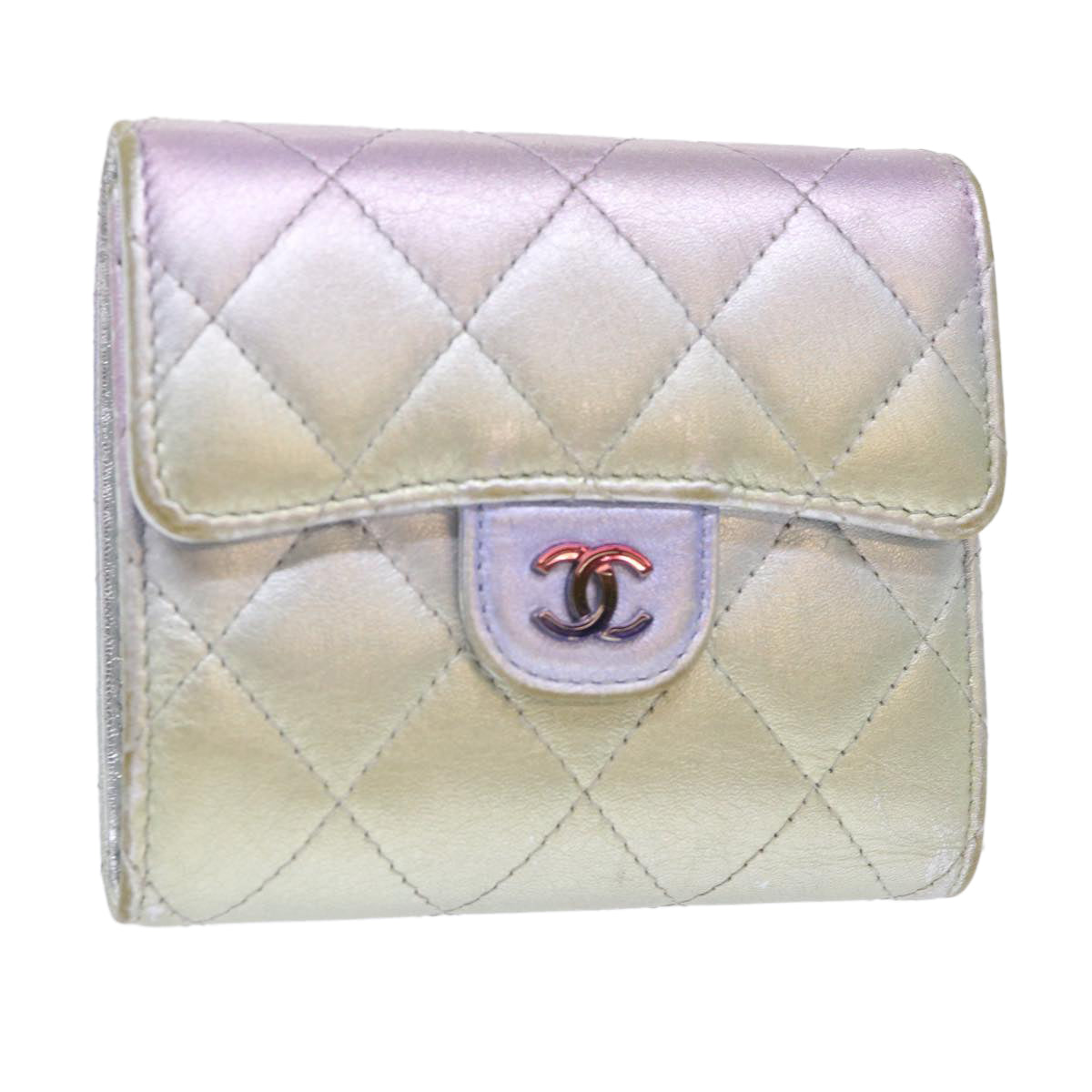 CHANEL Matelasse Gradation Wallet Lamb Skin Silver CC Auth yk8212